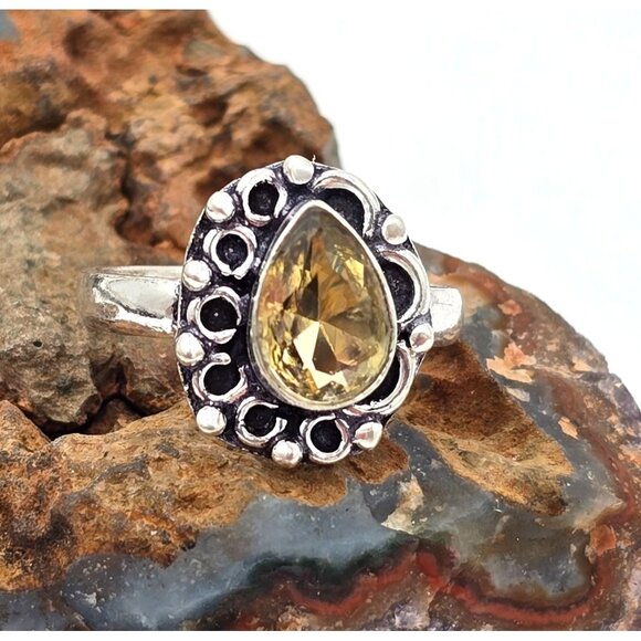 Handmade Jewelry - 925 Sterling Silver Plt Teardrop Citrine Ring Sz 8.5 Bezel Setting Fine Jewelry